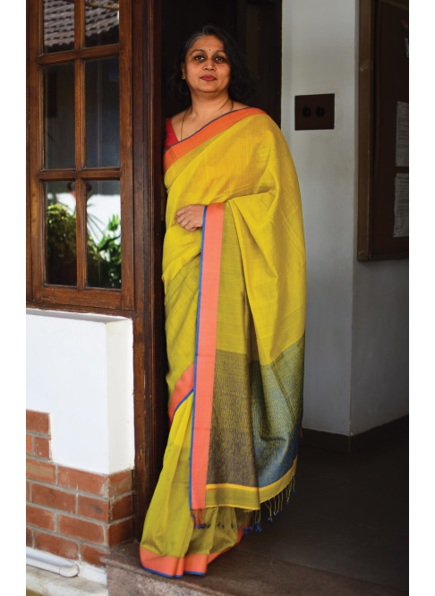 Olive Green and Grey, Handwoven Organic Cotton, Textured Weave , Jacquard, Work Wear Saree